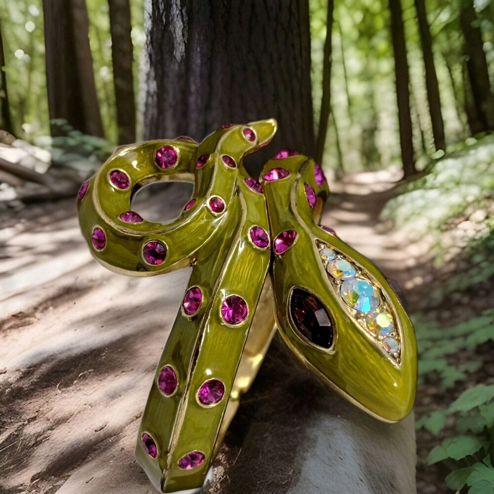 Betsey Johnson Snake Bangle Bracelet Jungle Book Green & Pink Coil Wrap Serpent